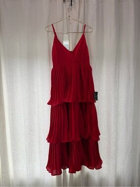 Lulu's Red Tiered Pleated Midi Dress with Spaghetti Straps
